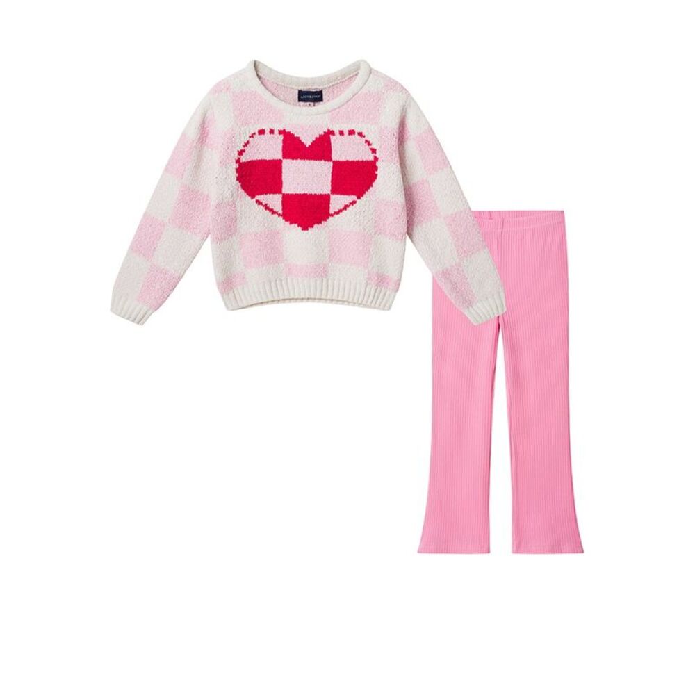 Andy & Evan Girls  Heart Checker Sweater & Rib Flare Legging Set, Pink